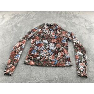 DealMore Womens Floral Mesh Mock Neck Long Sleeve Top Rust Blue Medium